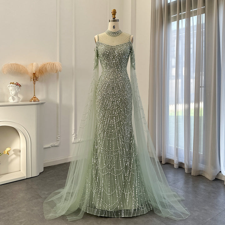 Sage Green Mermaid Luxury Dubai Evening Dress with Cape Sleeves SS205