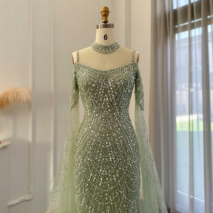 Sage Green Mermaid Luxury Dubai Evening Dress with Cape Sleeves SS205