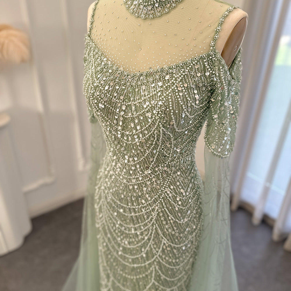 Sage Green Mermaid Luxury Dubai Evening Dress with Cape Sleeves SS205