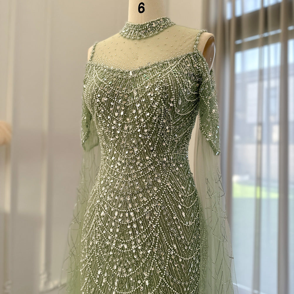 Sage Green Mermaid Luxury Dubai Evening Dress with Cape Sleeves SS205