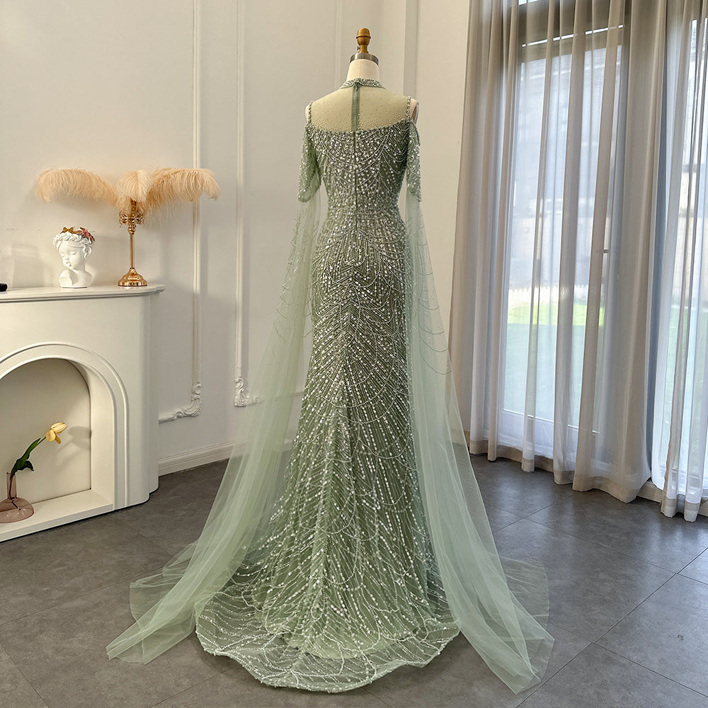 Sage Green Mermaid Luxury Dubai Evening Dress with Cape Sleeves SS205