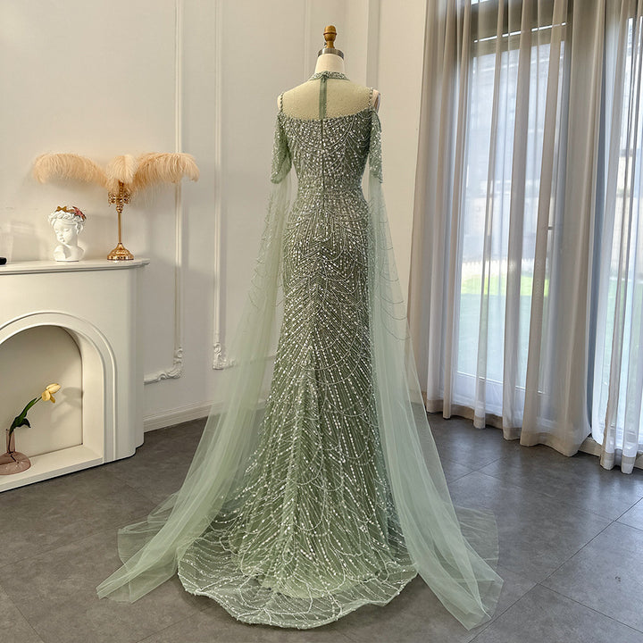 Sage Green Mermaid Luxury Dubai Evening Dress with Cape Sleeves SS205