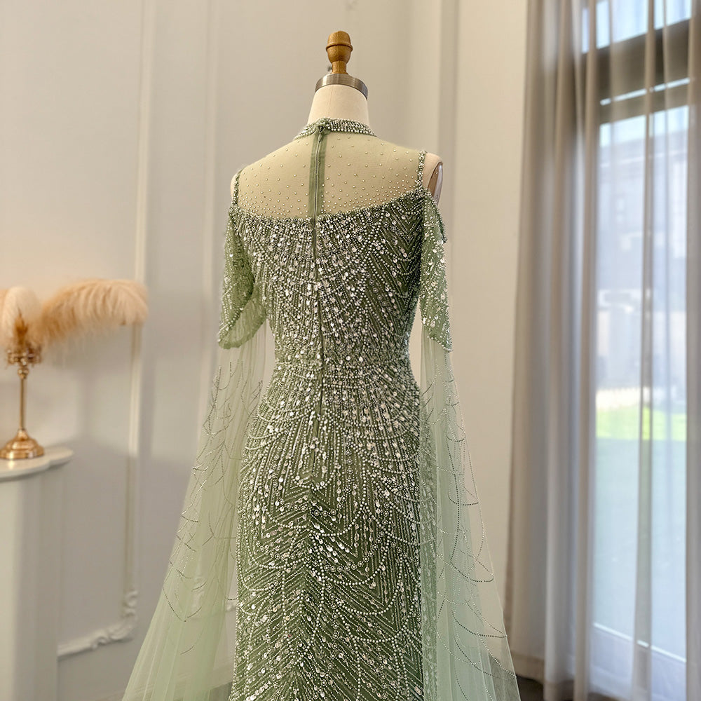 Sage Green Mermaid Luxury Dubai Evening Dress with Cape Sleeves SS205