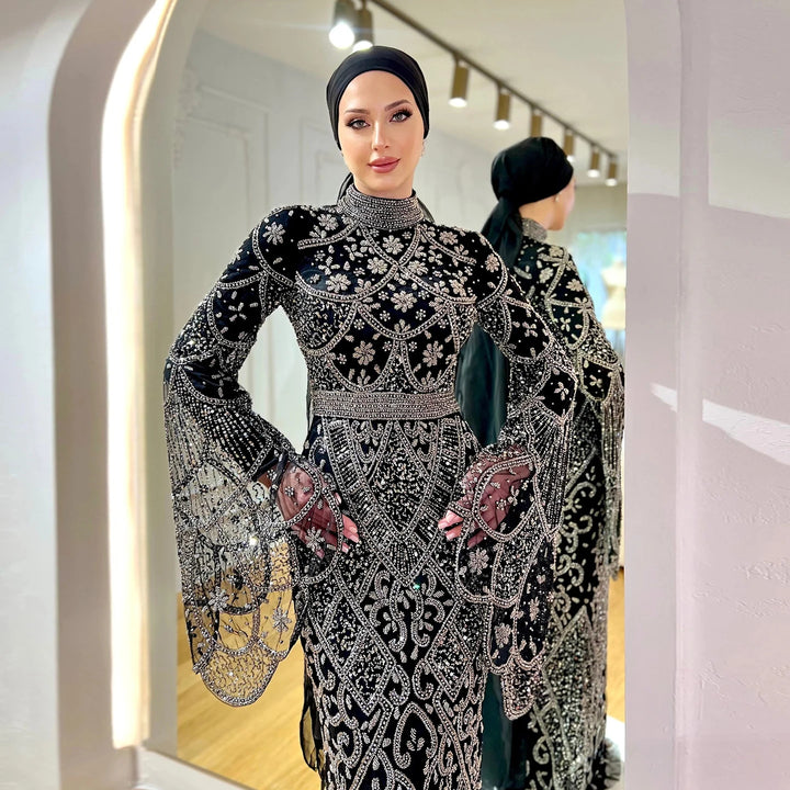 Black Luxury Muslim Evening Dress Long Sleeves High Neck Arabic Party Gowns SS153