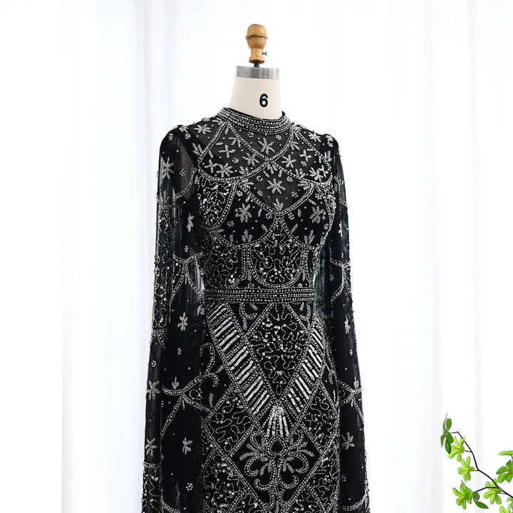 Black Luxury Muslim Evening Dress Long Sleeves High Neck Arabic Party Gowns SS153