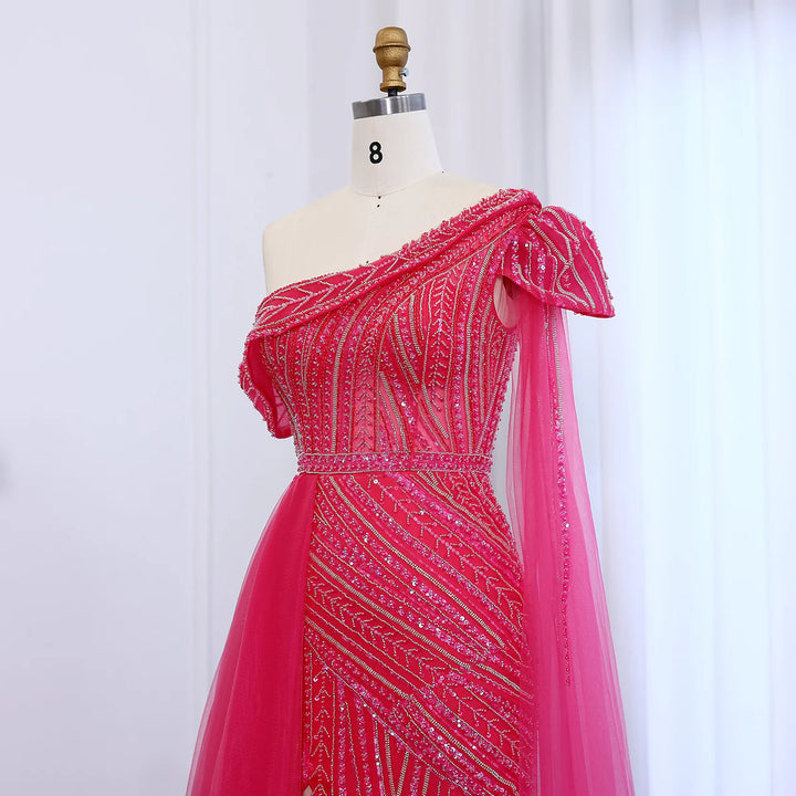 Luxury One Shoulder Fuchsia Evening Dress with Overskirt SS025