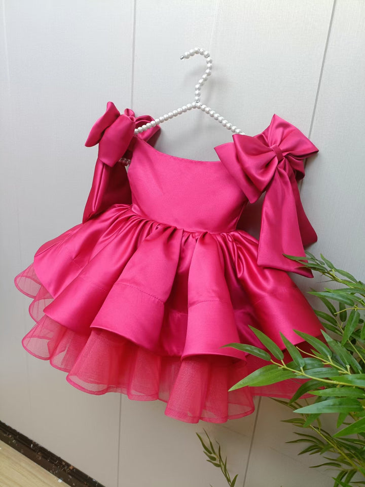 DreamyVow Elegant Satin Fuchsia Girl Dress Off-Shoulder White Princess Gown J159