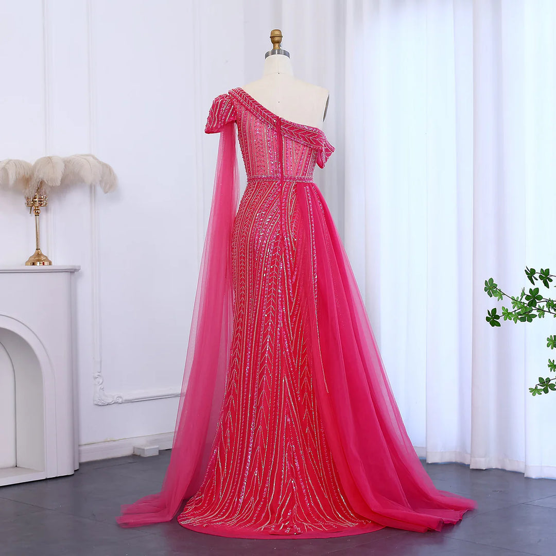 Luxury One Shoulder Fuchsia Evening Dress with Overskirt SS025