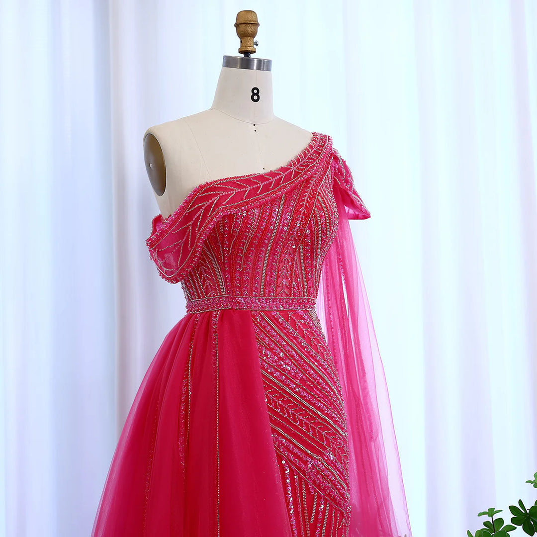 Luxury One Shoulder Fuchsia Evening Dress with Overskirt SS025