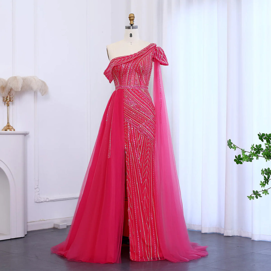 Luxury One Shoulder Fuchsia Evening Dress with Overskirt SS025