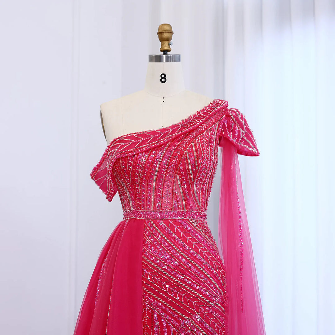 Luxury One Shoulder Fuchsia Evening Dress with Overskirt SS025