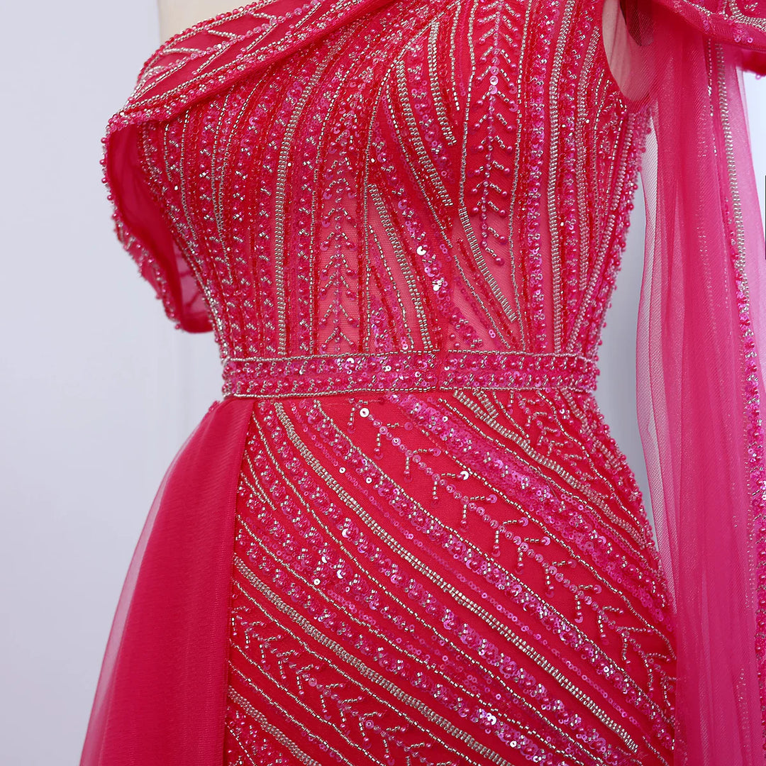 Luxury One Shoulder Fuchsia Evening Dress with Overskirt SS025