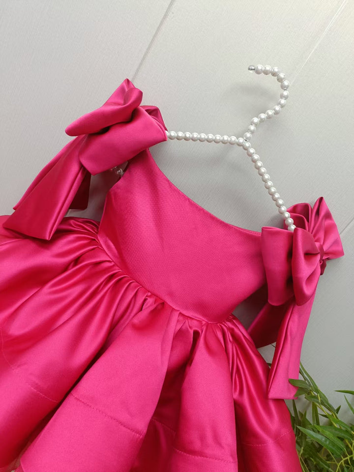 DreamyVow Elegant Satin Fuchsia Girl Dress Off-Shoulder White Princess Gown J159