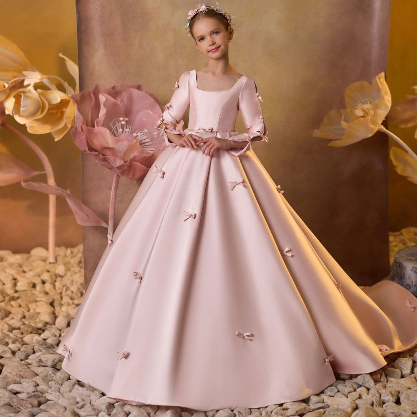 DreamyVow Luxury Pink Satin Girl Dresses Square Collar Long Sleeve J13