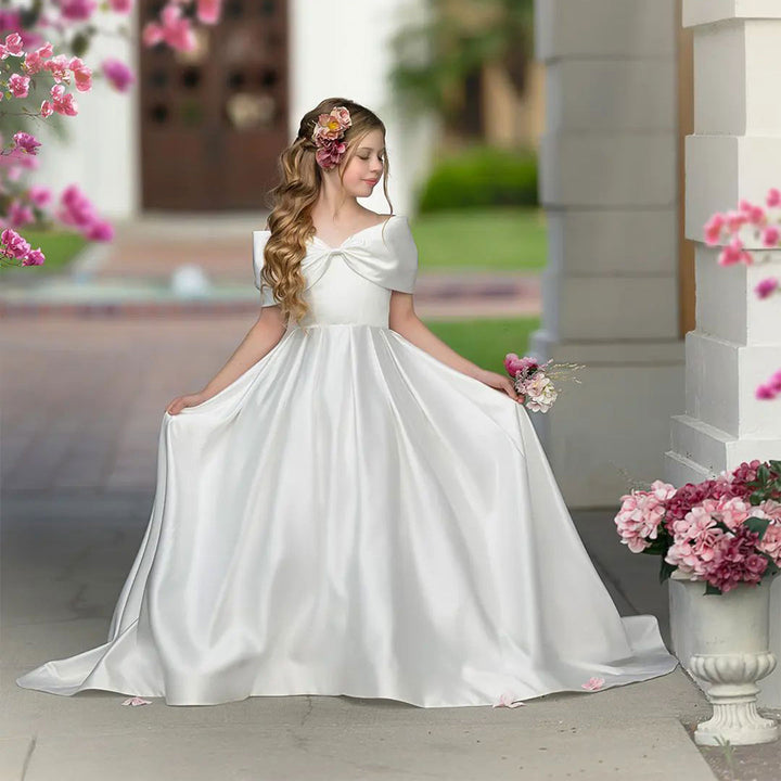 DreamyVow Elegant White Satin Girl Dress for First Communion J019