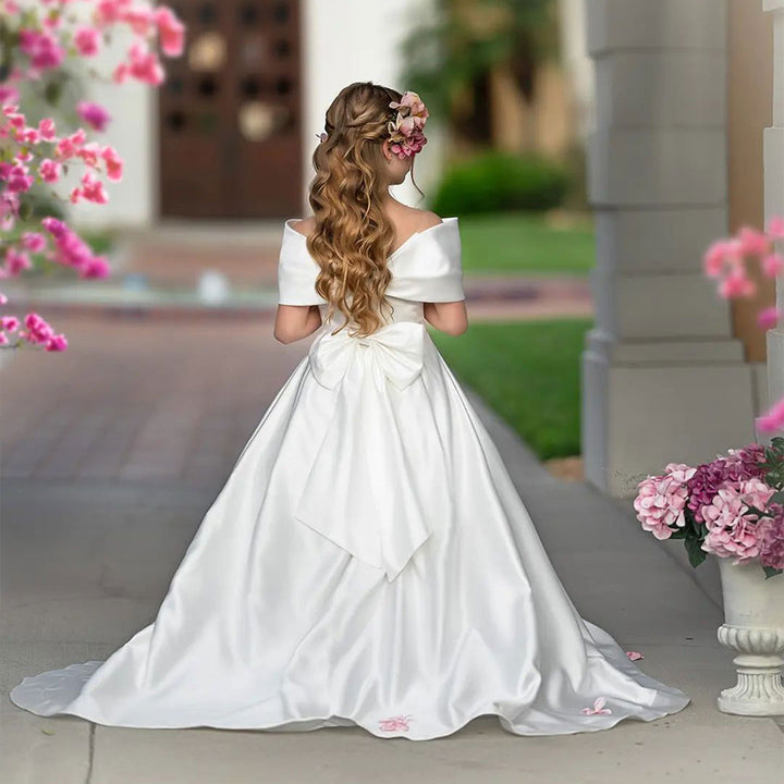 DreamyVow Elegant White Satin Girl Dress for First Communion J019