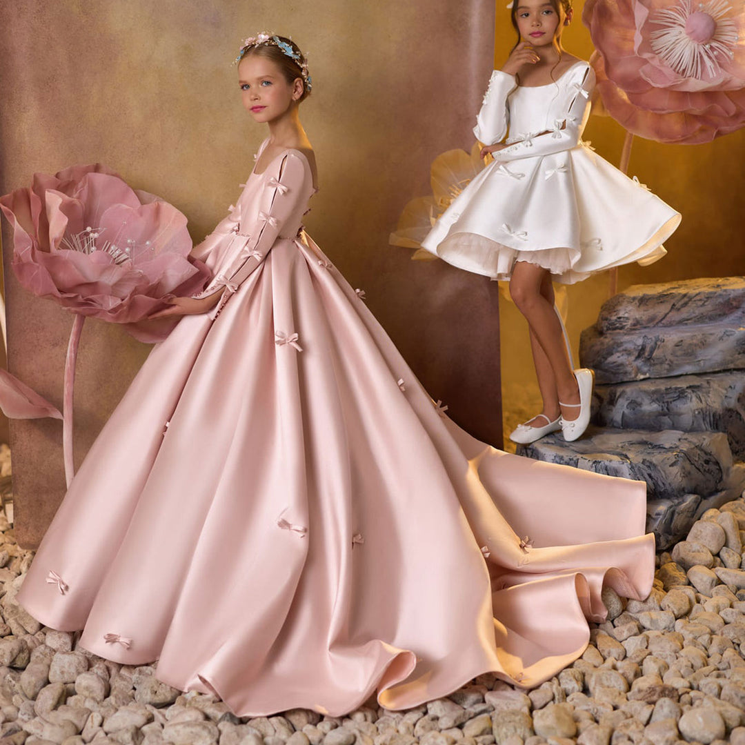 DreamyVow Luxury Pink Satin Girl Dresses Square Collar Long Sleeve for Kids Wedding Birthday Party Gown J137