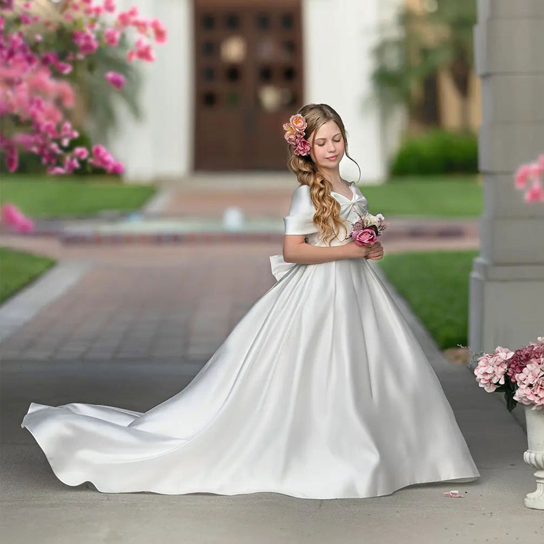 DreamyVow Elegant White Satin Girl Dress for First Communion J019