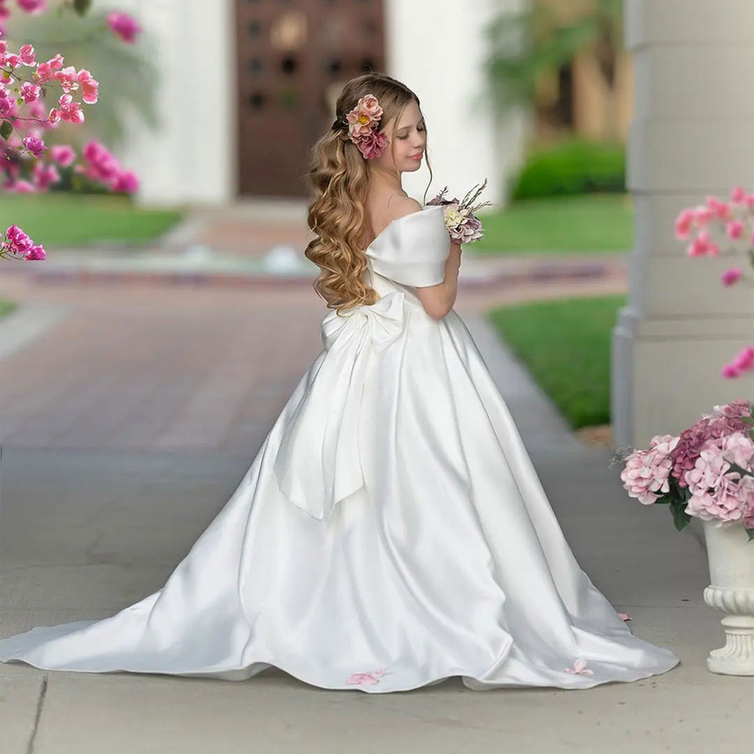 DreamyVow Elegant White Satin Girl Dress for First Communion J019