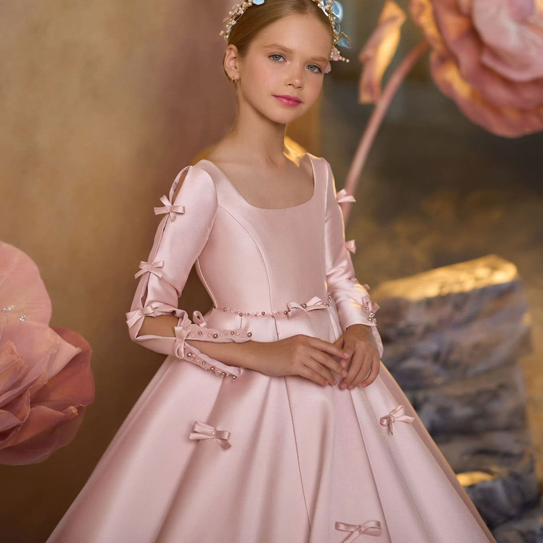 DreamyVow Luxury Pink Satin Girl Dresses Square Collar Long Sleeve for Kids Wedding Birthday Party Gown J137