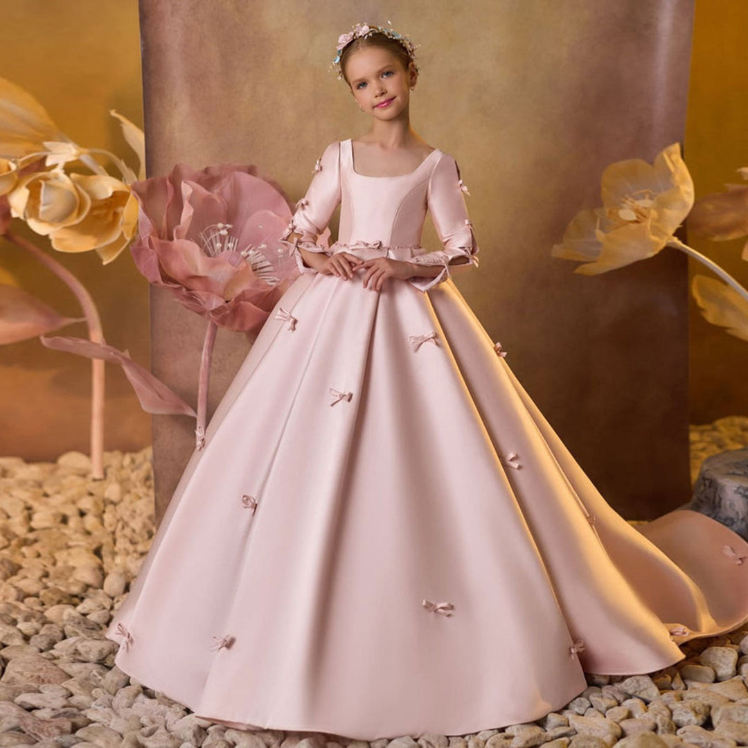 DreamyVow Luxury Pink Satin Girl Dresses Square Collar Long Sleeve for Kids Wedding Birthday Party Gown J137-DreamyVow