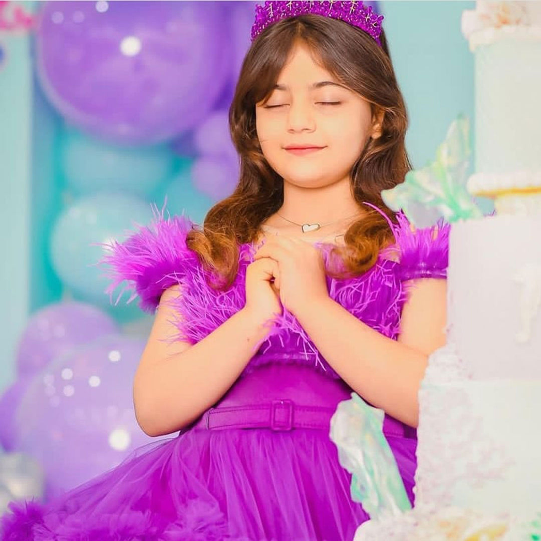 DreamyVow Luxury Purple Girl Dress with Feathers White Princess Birthday Wedding Party Children Holy Coummunion Ball Gown J075