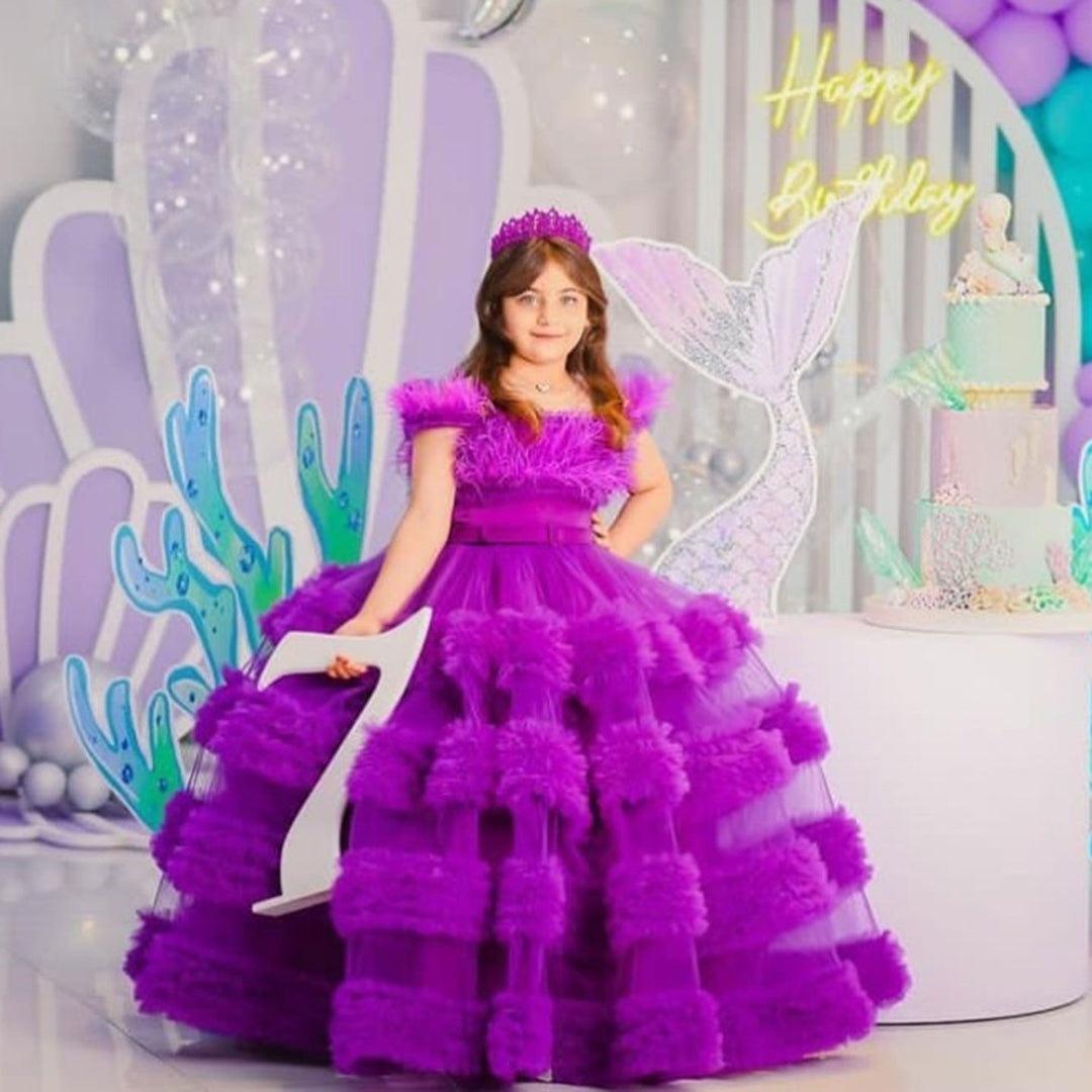 DreamyVow Luxury Purple Girl Dress with Feathers White Princess Birthday Wedding Party Children Holy Coummunion Ball Gown J075-DreamyVow