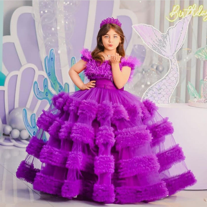 DreamyVow Luxury Purple Girl Dress with Feathers White Princess Birthday Wedding Party Children Holy Coummunion Ball Gown J075-DreamyVow