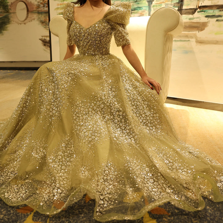 Dreamy Vow Glitter Lime Green Luxury Dubai Evening Dress Engagement Arabic Gowns SS155