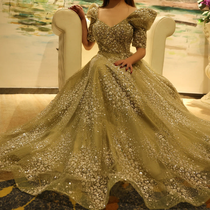 Dreamy Vow Glitter Lime Green Luxury Dubai Evening Dress Engagement Arabic Gowns SS155