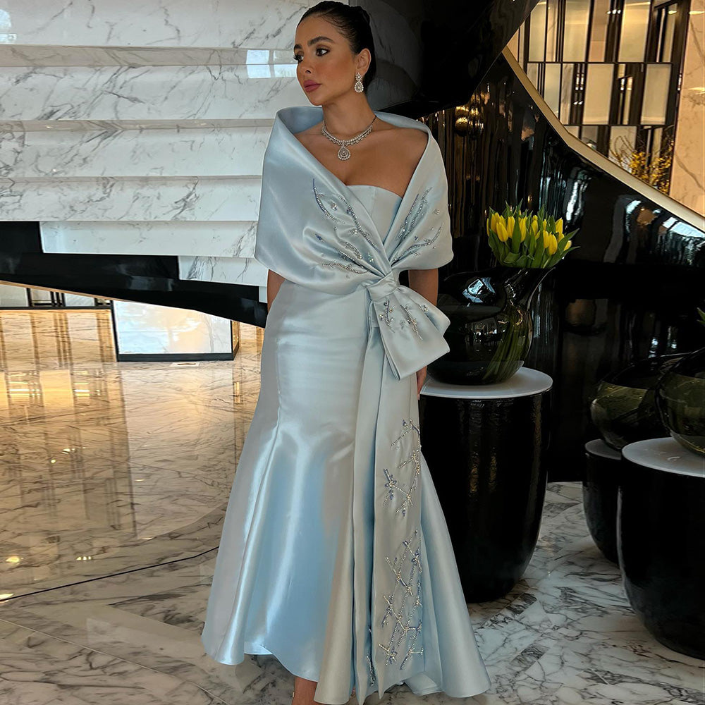 Dreamy VowLuxury Dubai Blue Mermaid Arabic Evening Dresses with Cape Shawl Beaded Elegant Women Wedding Guest Party Gown 333