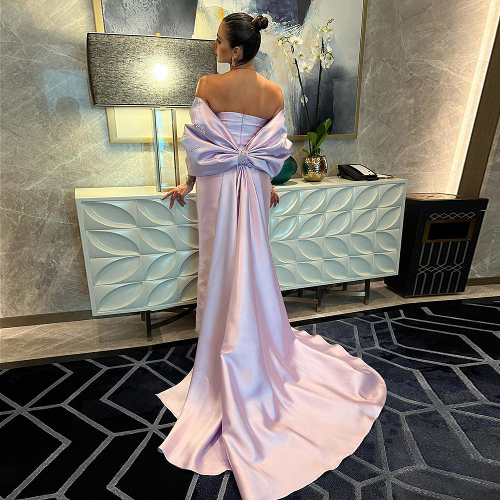 DreamyVow Luxury Dubai Lilac Arabic Evening Dresses with Bow Cape Beaded 2023 Elegant Women Wedding Formal Party Gowns 319