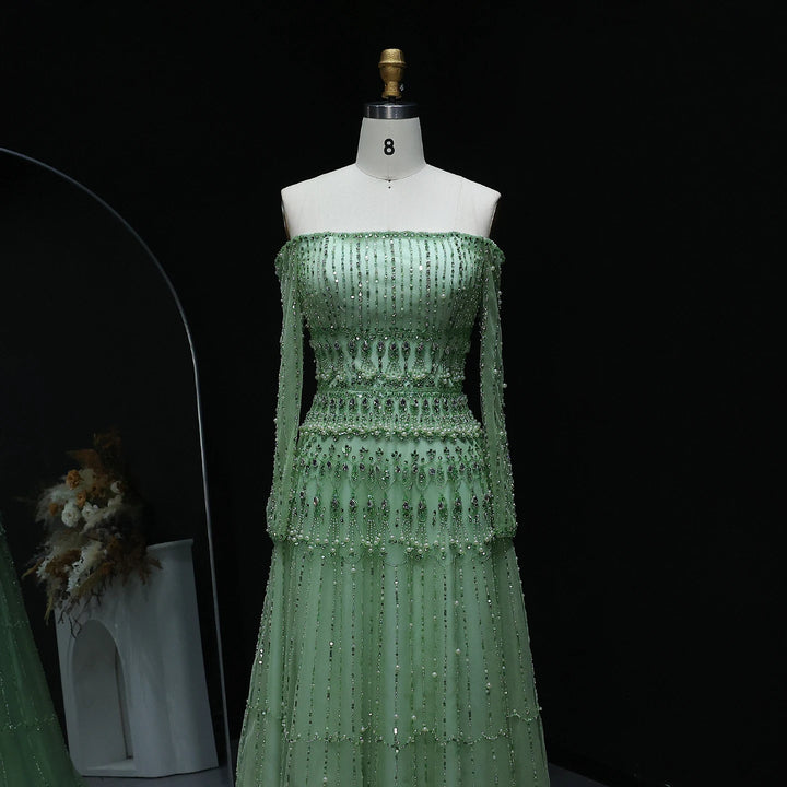 Elegant Off Shoulder Sage Green Evening Dress SS588