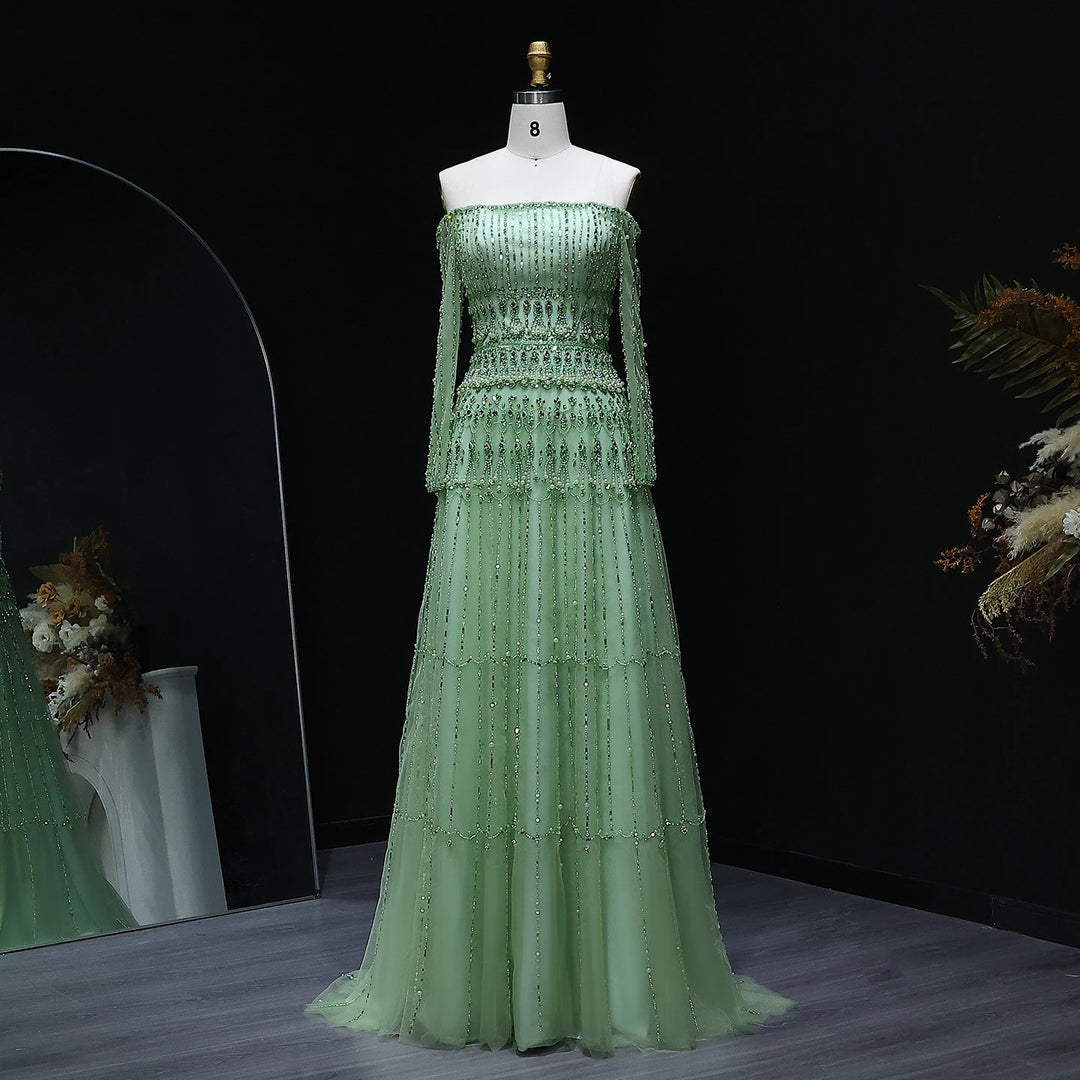 Elegant Off Shoulder Sage Green Evening Dress SS588