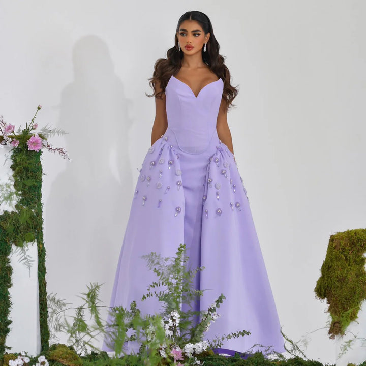 Dreamy Vow Luxury Dubai Pearls Stone Lilac Evening Dress A-Line Arabic Elegant Sweetheart Women Party Prom Formal Dresses SS321