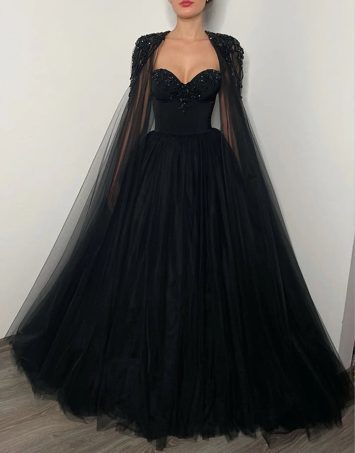 Gothic Black Tulle Evening Dress with Cape Sleeves SS394