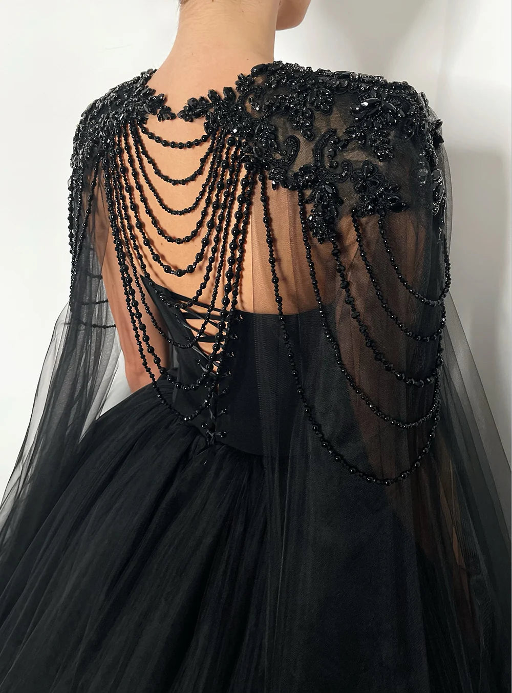 Gothic Black Tulle Evening Dress with Cape Sleeves SS394