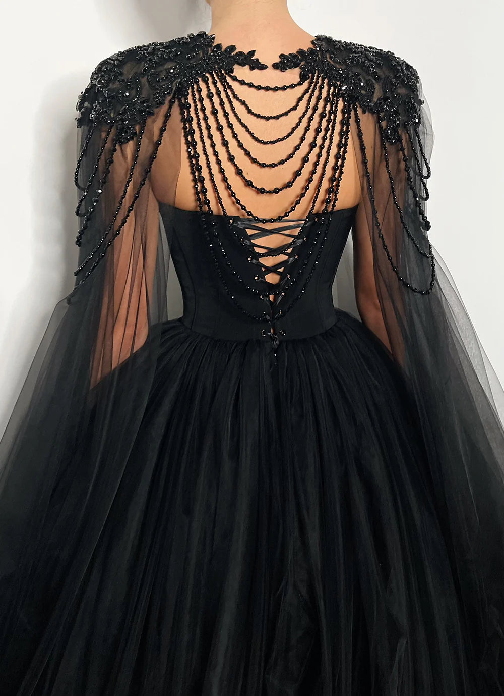 Gothic Black Tulle Evening Dress with Cape Sleeves SS394