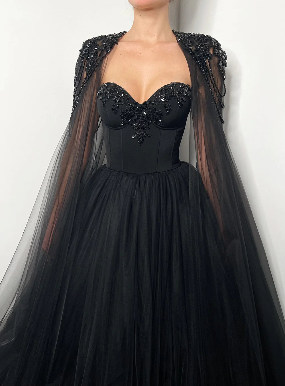 Gothic Black Tulle Evening Dress with Cape Sleeves SS394