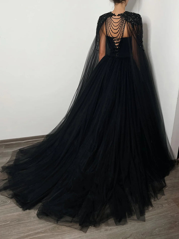 Gothic Black Tulle Evening Dress with Cape Sleeves SS394