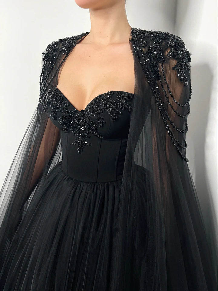 Gothic Black Tulle Evening Dress with Cape Sleeves SS394