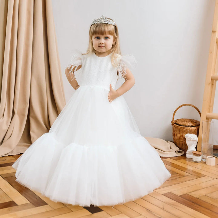 DreamyVow Elegant White Girl Dress Feathers Princess White Gown for Kids J169