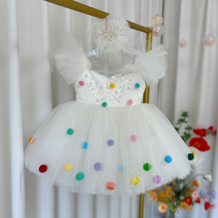 DreamyVow White Girl Dresses with Hairband for Baby Wedding Birthday Party J032