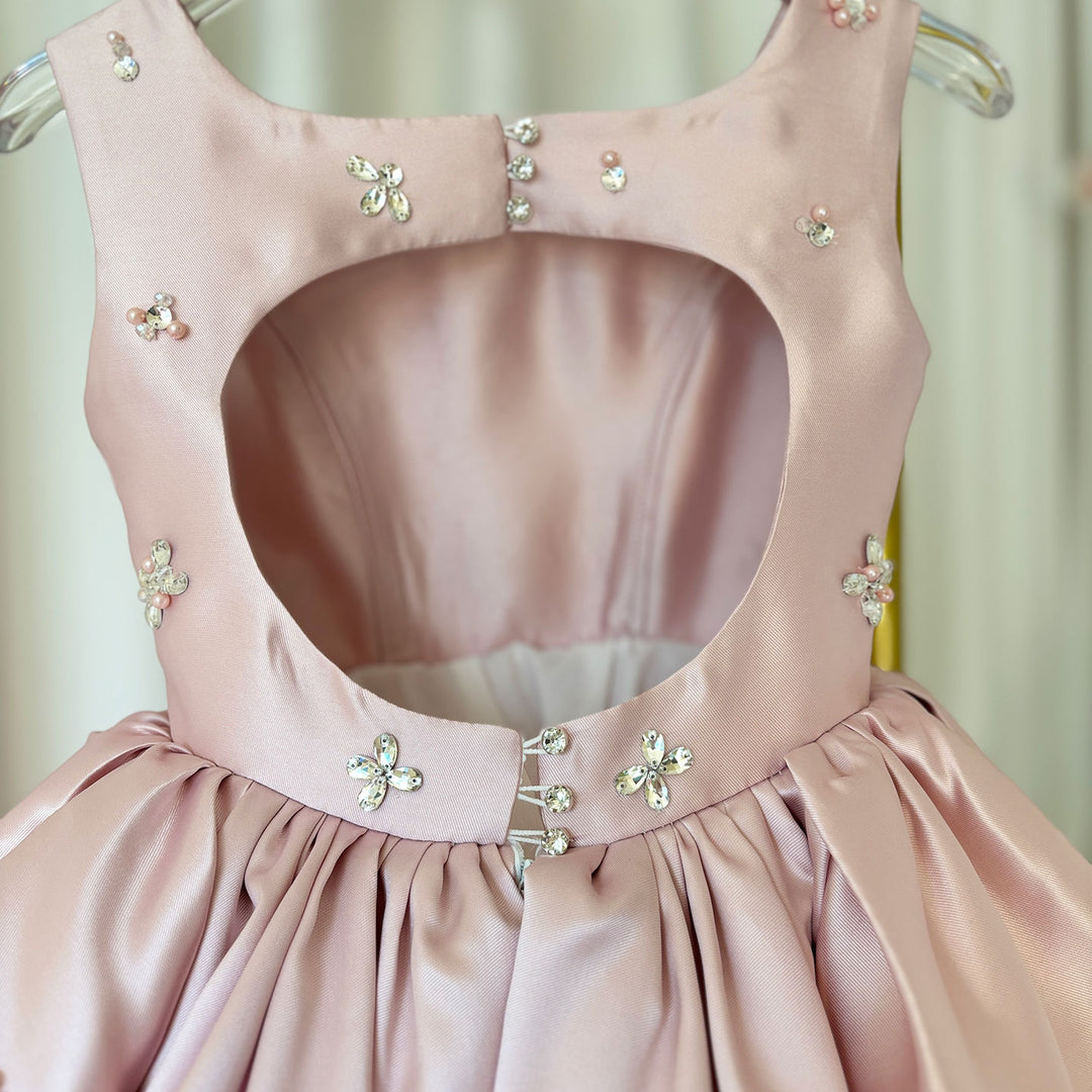 DreamyVow Elegant Pink Satin Girl Dresses Square Collar for Kids Party Gown J145