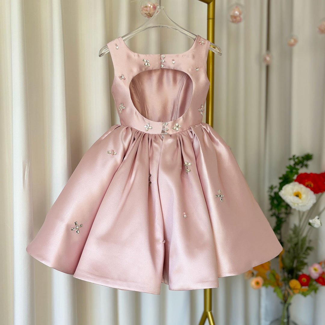 DreamyVow Elegant Pink Satin Girl Dresses Square Collar for Kids Party Gown J145