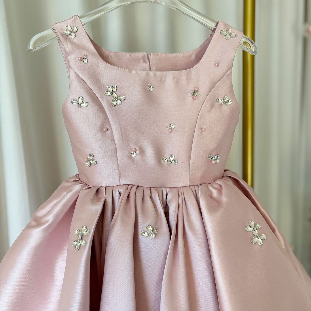 DreamyVow Elegant Pink Satin Girl Dresses Square Collar for Kids Party Gown J145