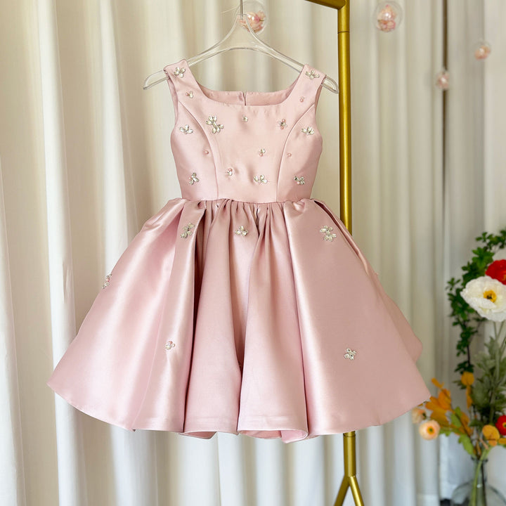 DreamyVow Elegant Pink Satin Girl Dresses Square Collar for Kids Party Gown J145