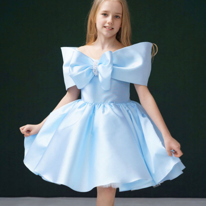 DreamyVow Elegant Satin Beads Flower Girl Dress Blue with Bow Knee Length J181