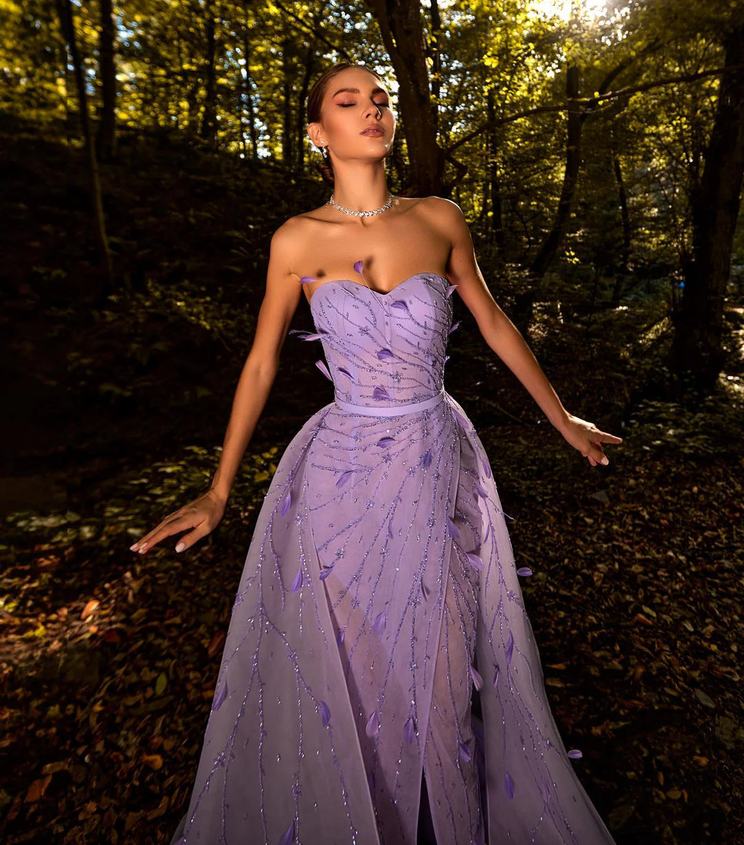 Dreamy Vow Luxury Feathers Beaded Lilac Evening Dress with Overskirt Sweetheart Slit Arabic Women Wedding Party Gowns SS456