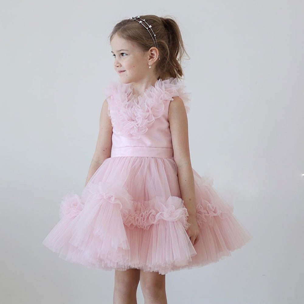 DreamyVow Pink Flower Girl Dress V-Neck Tiered Tulle for Birthday Party J116